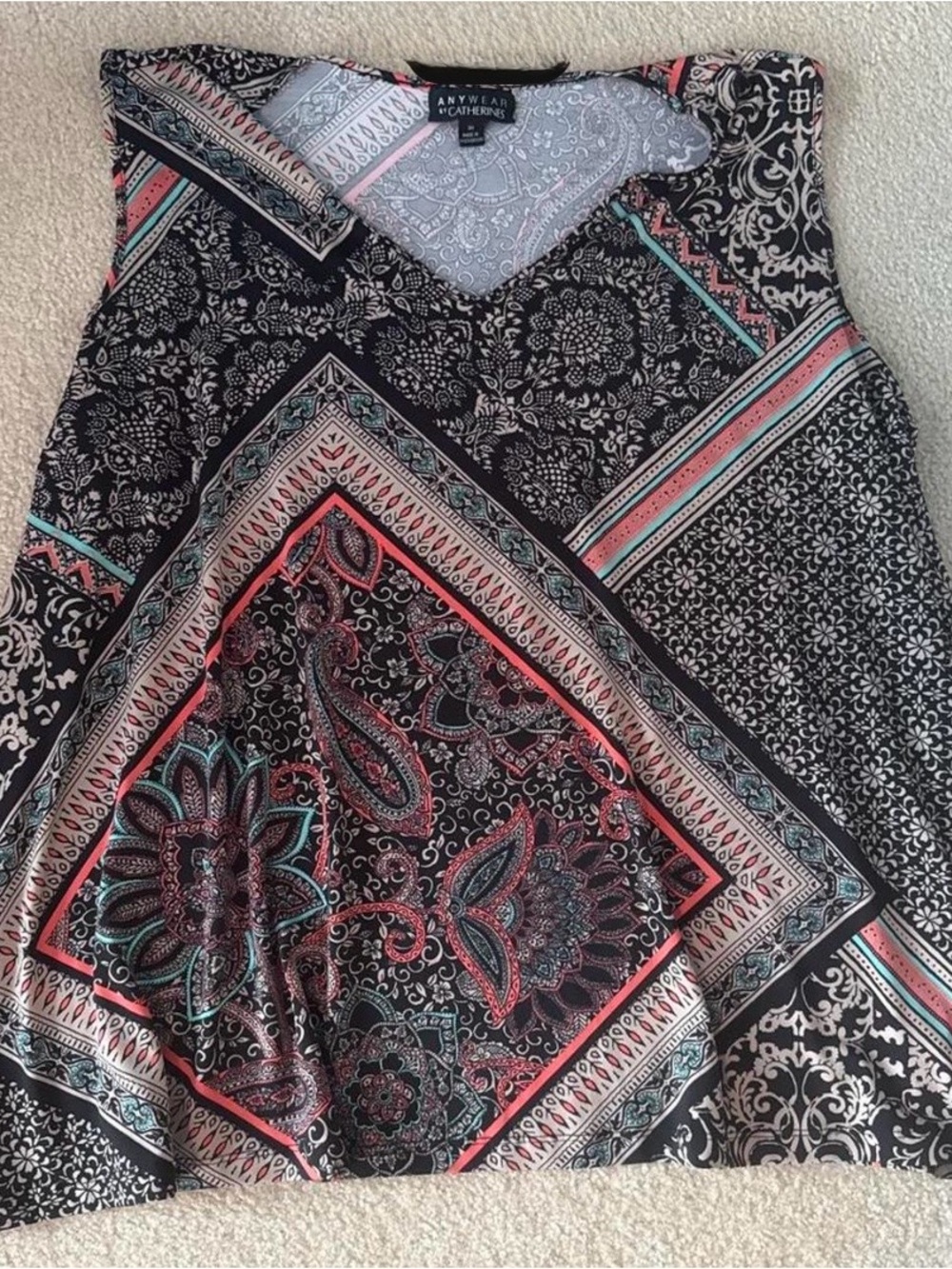 Anywear By Feathers Black Paisley Print Sleeveless Top with Coral & Teal Accents